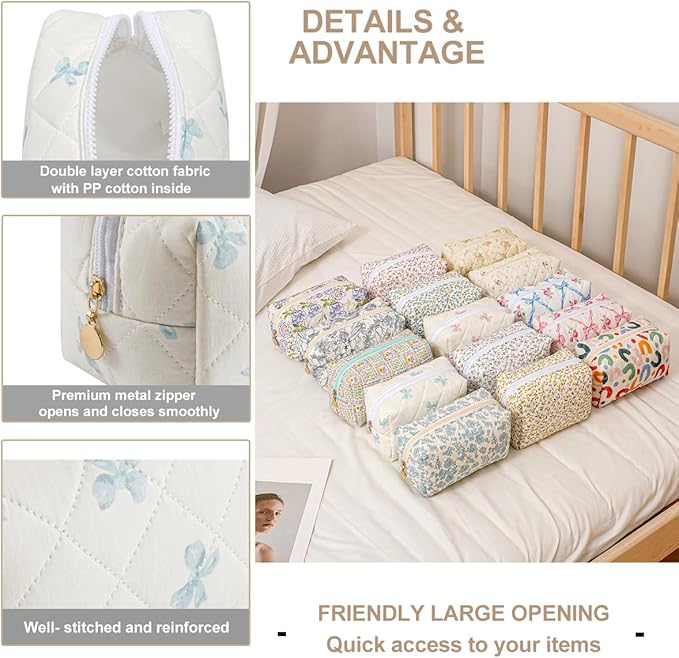 Gleyemor Small Quilted Makeup Bag for Women, Cute Floral Bow Cosmetic Bag, Emergency Bag Travel Toiletry Cotton Pouch Gifts for Girls Her Mom Friend Sister Bridesmaid (Small Blue Bowknot)