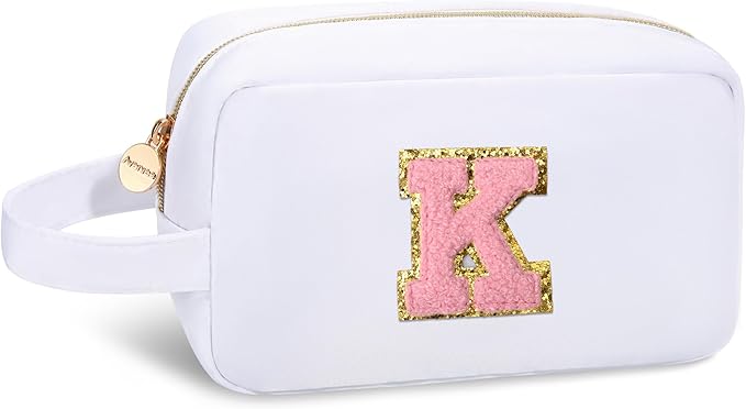 Aveniee Initial Monogram Makeup Bag,Personalized Travel Makeup Bag Pouch Organizer With Handle,Preppy Cosmetic Bag,Christmas Birthday Gifts for Teen Girls Sister Teacher-White K