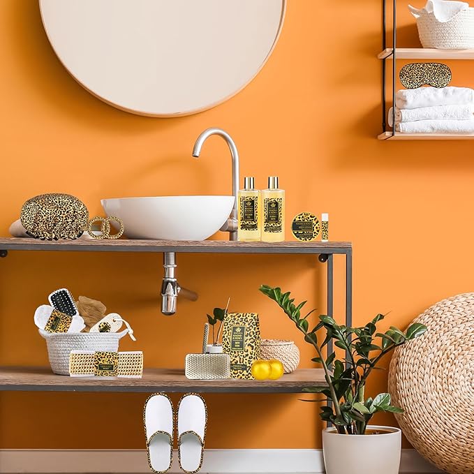 Bath Gift Set for Women, XXL 20 Pcs Skin Care Set Leopard Print Spa Gifts for Birthday, Mother's Day, Valentine's Day, Christmas, Home Spa Kits with Shower Gel, Body Lotion, Shower Cap, Manicure Set