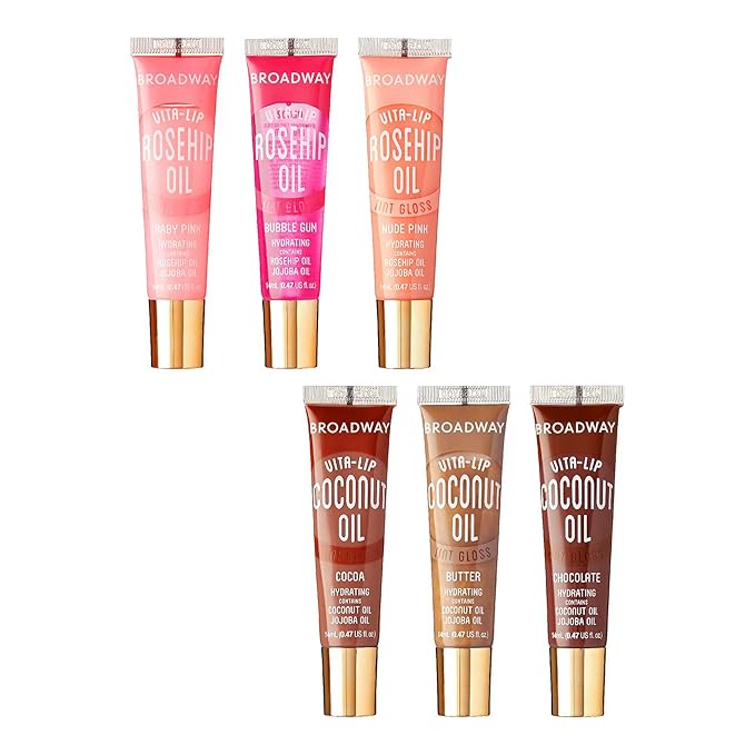 Ruby Kisses Broadway Vita-Lip Tinted & Clear Lip Gloss Set (6 Pack) Ultra-Hydrating & Soothing Formula with Vitamins, High-Shine Non-Sticky Finish Lip Balm, 3 Pcs Watermelon + 3 Pcs Grape Seed