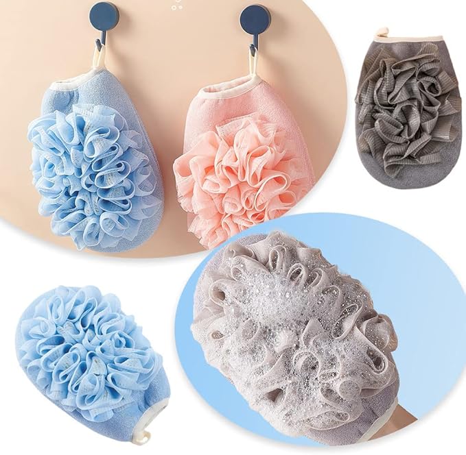 2 Pcs Bath Shower Pouf Sponge Loofah Sponge Shower Loofah 2 in 1 Exfoliating Mesh Pouf Sponge Loofah Bath Glove with Elastic Hand Strap for Women Men Kid Bathroom