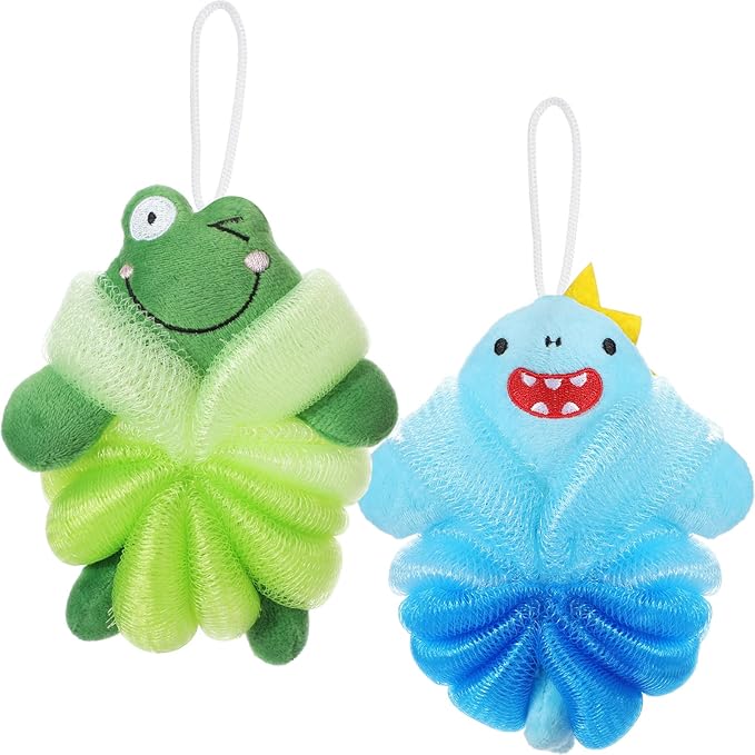 Nuenen 2 Pcs Bath Loofahs Kids Toddler Cute Cartoon Bath Sponges Loofah Pouf Body Scrubber Mesh Sponges for Children Shower Washing Exfoliating(Shark, Frog)