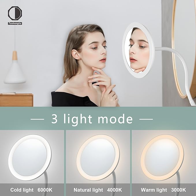 10X Magnifying Clip on Makeup Mirror Gooseneck, 6.5" Vanity Mirror with Light, 2000mAh USB Recharge 360° Rotating,Clip On Gooseneck Magnifying Vanity Mirror with Light,Travel Makeup Mirror (White 10X)