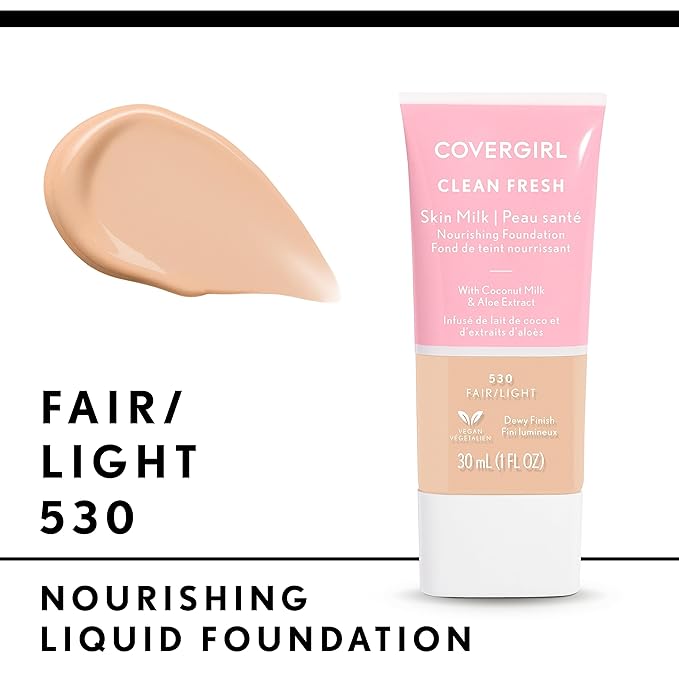 COVERGIRL Clean Fresh Nourishing Skin Tint, 520 Fair/Light, Liquid Foundation, Dewy Finish, Infused with Coconut & Aloe, Vegan Formula