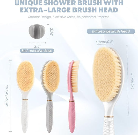 New Body Scrubber for Wet or Dry Brushing, Anti-Slip Corn-Handle Shower Brush with Large Dual-Side Head & Soft Bristles, Easy-to-use Bath Brushes for Lathering Cleansing(White-S)