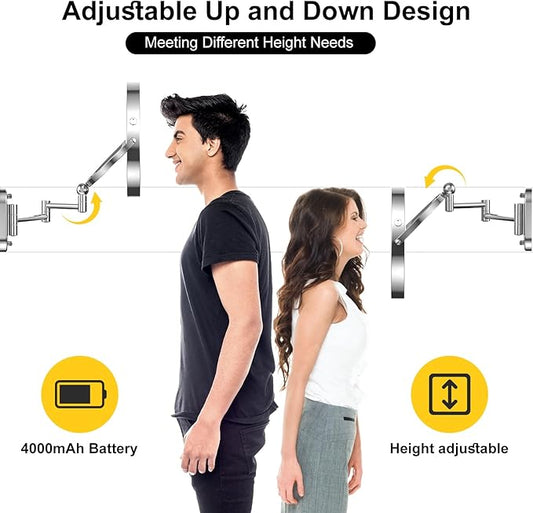 9" Wall Mounted Lighted Makeup Mirror,4000mAh Rechargeable Double Sided 1X/10X Magnifying Mirror with Light,3 Color Lights,Touch Dimmable,Extended Arm 360 Rotation Wall Mounted Makeup Mirror