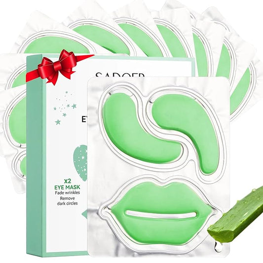 10 Pair Under Eye Mask & 10 Pair Lip Mask Skincare Set, Aloe Vera Lip Patches & Under Eye Patches for Puffy Eyes, Dark Circles, Dry Lips Lines, Deep Hydrating Moisturizing for Women & Men Skincare