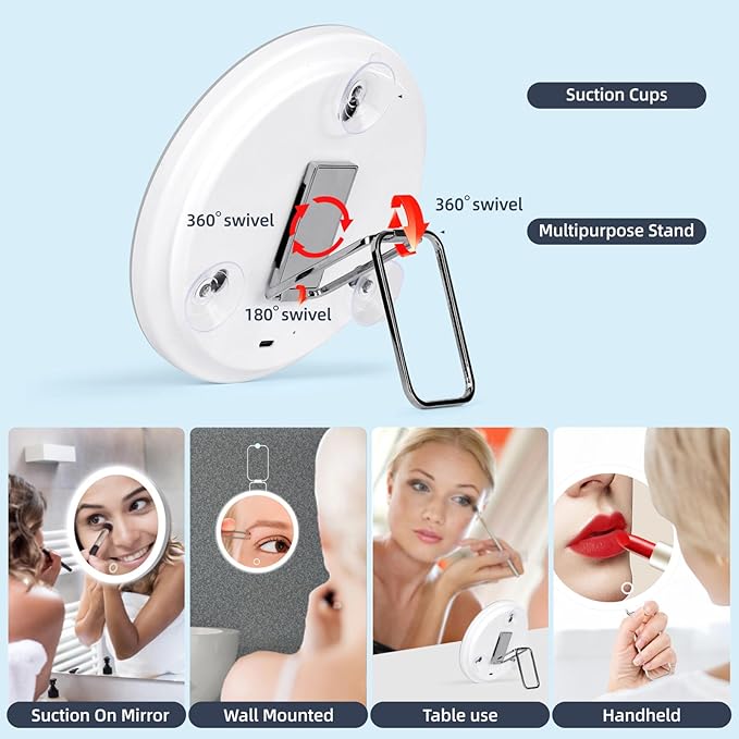6" 10x Magnifying Mirror with Light Suction Cup,Led Close up Makeup Mirror with 360° Stand,3 Color Lighted Personal Mirror 10x,10 Times Functional Zoom Mirrors for Partial Details