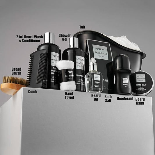 Christmas Gifts for Men, Mens Body And Wash Gift Set Beard Kit and Body Care, Unique Gifts for Dad Sandalwood Spa Gift Baskets, Bath and Beard Grooming Kit, Gifts for Husband Him Beard Balm Growth Oil