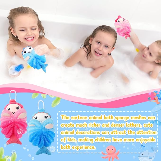 Nuenen 2 Pcs Bath Loofahs Kids Toddler Cute Cartoon Bath Sponges Loofah Pouf Body Scrubber Mesh Sponges for Children Shower Washing Exfoliating(Mermaid)