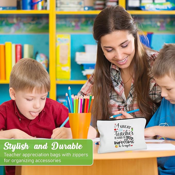 12 Pcs Teacher Gifts Makeup Bags Teacher Appreciation Travel Toiletry Canvas Cosmetic Pencil Survival Kit Bag for Women Zipper Pouch Bag Thank You Gifts Bulk (Warm Words)