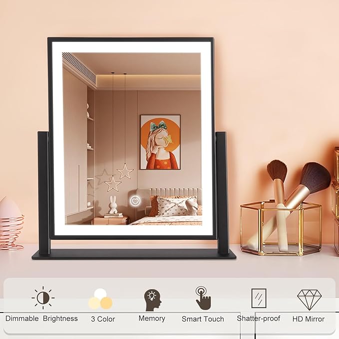 Beelux Hollywood Style Vanity Mirror - 12 in Black Makeup Mirror with Light, Dimmable Lights, Smart Control, Adjustable Warm White/Natural/Daylight, 360°Rotation for Makeup Enthusiasts