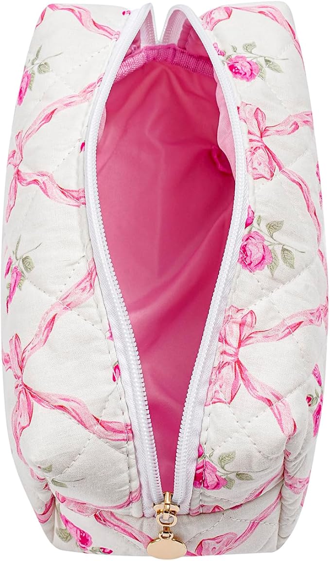 Gleyemor Small Quilted Makeup Bag for Women, Cute Floral Bow Cosmetic Bag, Emergency Bag Travel Toiletry Cotton Pouch Gifts for Girls Her Mom Friend Sister Bridesmaid (Pink Bowknot&Rose)