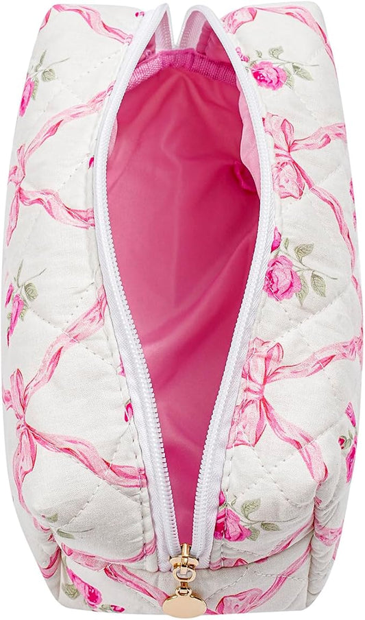 Gleyemor Small Quilted Makeup Bag for Women, Cute Floral Bow Cosmetic Bag, Emergency Bag Travel Toiletry Cotton Pouch Gifts for Girls Her Mom Friend Sister Bridesmaid (Pink Bowknot&Rose)