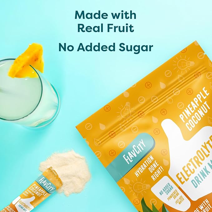 FlavCity Pineapple Coconut Electrolytes Powder Packets - 28 Hydration Packets - No Added Sugar - Hydration Powder with Real Fruit & Unrefined Sea Salt - Keto & Gluten-Free (28 Stick Packs)