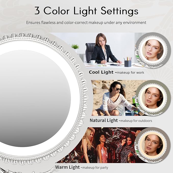 Makeup Mirror with Lights and 1X/7X Magnification, Phoenix Hand Crafted Baroque Style Vanity Mirror - Gifts for Women Birthday Gifts for Women Mom Her, Aethetic Home Decor (Pearl Nickle)