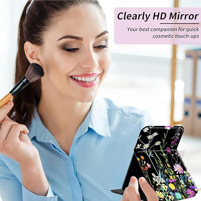 Beautiful Wildflowers Folding Travel Mirror Vanity Mirror PU Leather Portable Adjustable Rectangular Ultrathin Makeup Mirror,for Travel, Camping,Home