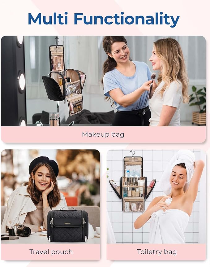 BAGSMART Makeup Bag for Women with Hanging Hook, Large Portable Capacity Water-resistant Organizer Travel Case for Toiletries and Cosmetics, Blue