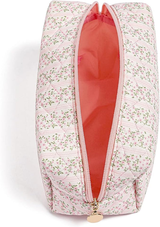 Gleyemor Small Quilted Makeup Bag for Women, Cute Floral Bow Cosmetic Bag, Emergency Bag Travel Toiletry Cotton Pouch Gifts for Girls Her Mom Friend Sister Bridesmaid (Pink Floral)