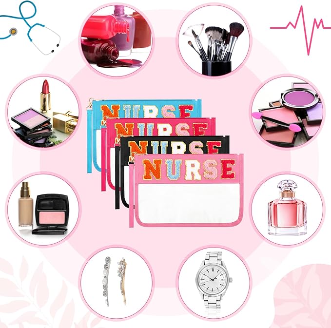 4 Pcs CNA Week Nurses Bags Appreciation Gifts Chenille Letter Makeup Bags with 4 Pins Preppy Clear Nursing Travel Pouch Cosmetic Waterproof Zipper Nurse Accessories