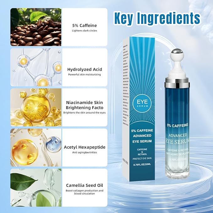5% Caffeine Eye Cream & Under Eye Serum for Dark Circles and Wrinkles, Under Eye Bags Treatment, Anti-Aging Caffeine Eye Serum with Hyaluronic Acid and Niacinamide, 360° Eye Roller Massage(20ML)