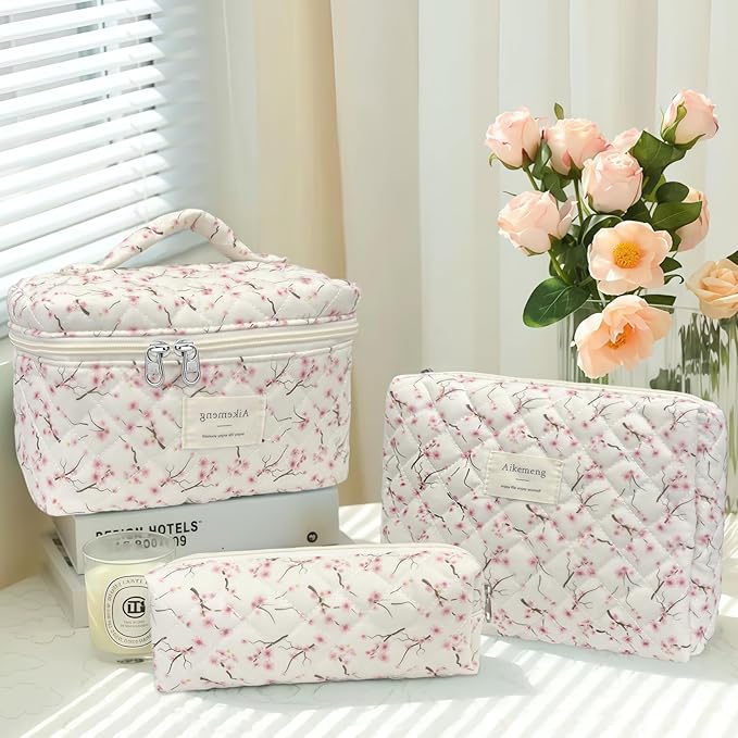 3 Piece Floral Quilted Makeup Bag, Large Capacity Travel Cosmetic Bag for Women and Girls, Aesthetic Storage for Daily and Travel Use (3pcs-peachblossom)