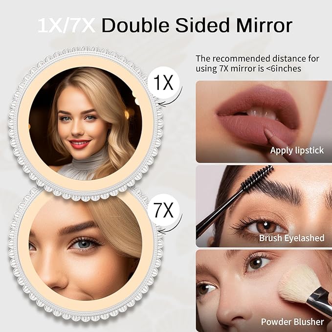 Makeup Mirror with Lights and 1X/7X Magnification, Phoenix Hand Crafted Baroque Style Vanity Mirror - Gifts for Women Birthday Gifts for Women Mom Her, Aethetic Home Decor (Pearl Nickle)