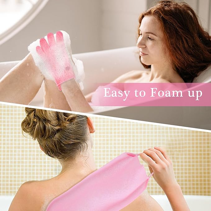 4Pcs Exfoliating Back Scrubber with Handle and 2 Pairs Shower Bath Gloves Bath Set for Shower Bath Exfoliator Stretchable Skin Massages Back Scrubber Improve Blood Circulation