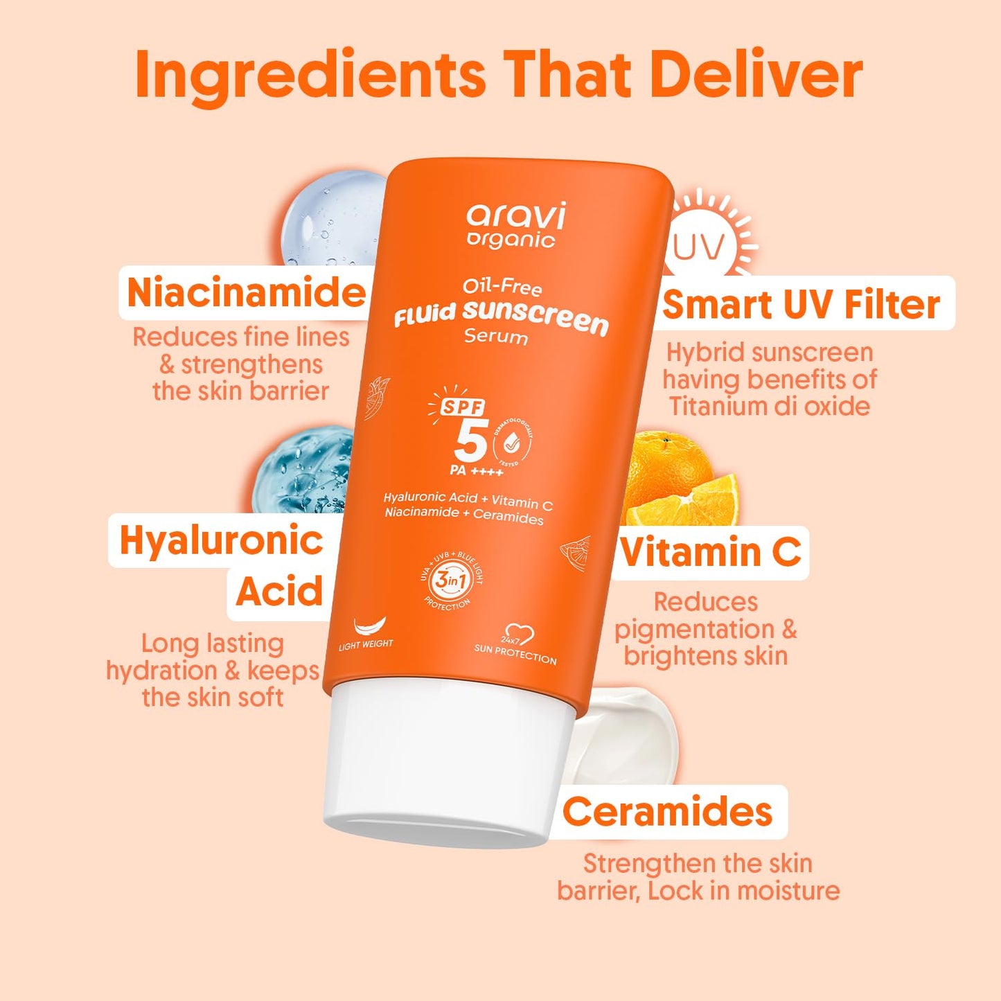 Aravi Organic Oil-Free Fluid Sunscreen Serum SPF 50 PA ++++ with Hyaluronic Acid, Vitamin C, Niacinamide & Ceramides | Lightweight, Non-Greasy, Chemical-Free | Protects from Sunburn & Tanning | 50ml