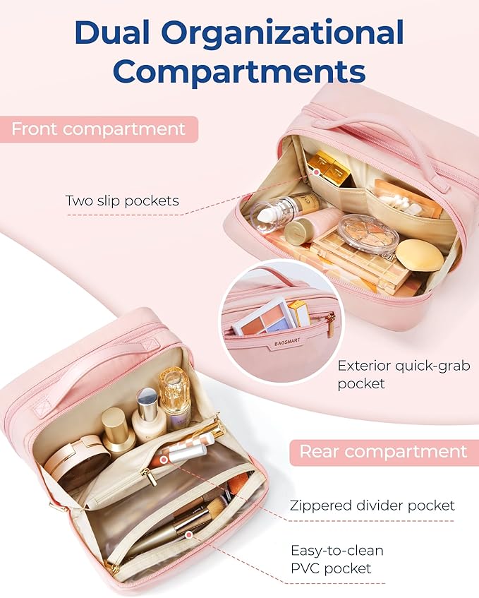 BAGSMART Travel Makeup Bag, Make Up Bag with Multiple Compartments for Organizer, Compact & Durable Cosmetic Organizer for Women for Travel Accessories (Pink