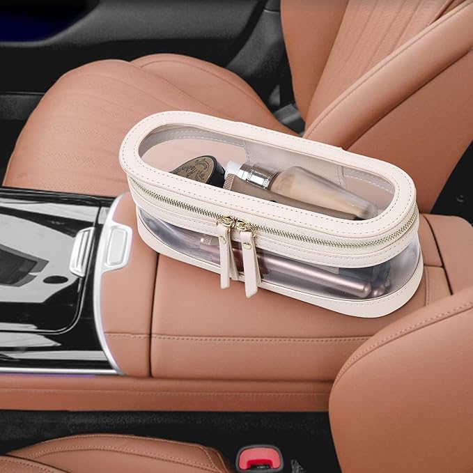 Makeup Brush Case Clear Travel Cosmetic & Toiletry Bag Slim Makeup Bag with Zipper Small Purse Organizer Car Essential Bag for Women (Beige, SLIM-2)