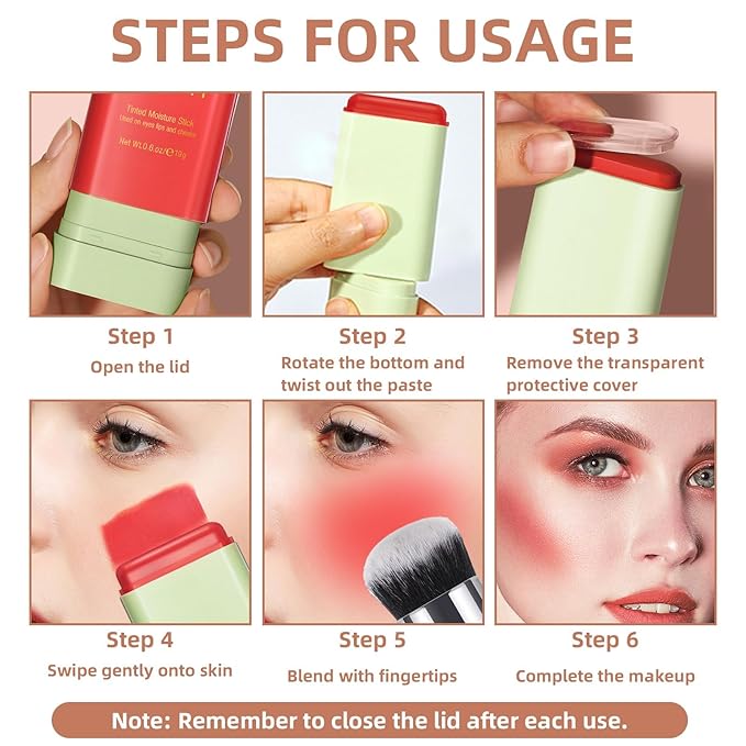 Cream Blush Stick for Cheeks, Multi-Use Makeup for Eye, Lip, Face - Travel-Friendly Tinted Solid Moisturizer, Matte Natural Glow Blendable Smooth Blusher With Brush - Orange Coral