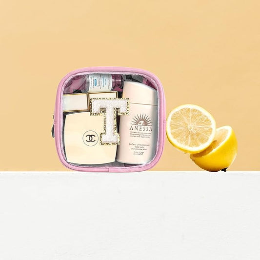 Mini Initial Makeup Bag | Travel Toiletry Bag | Clear Makeup Bag | Travel Essentials Gifts for Women Teen Girlfriend Teacher Brithday Gifts | Clear Toiletry Bag Small Mini Cosmetic Bag (Pink, T)