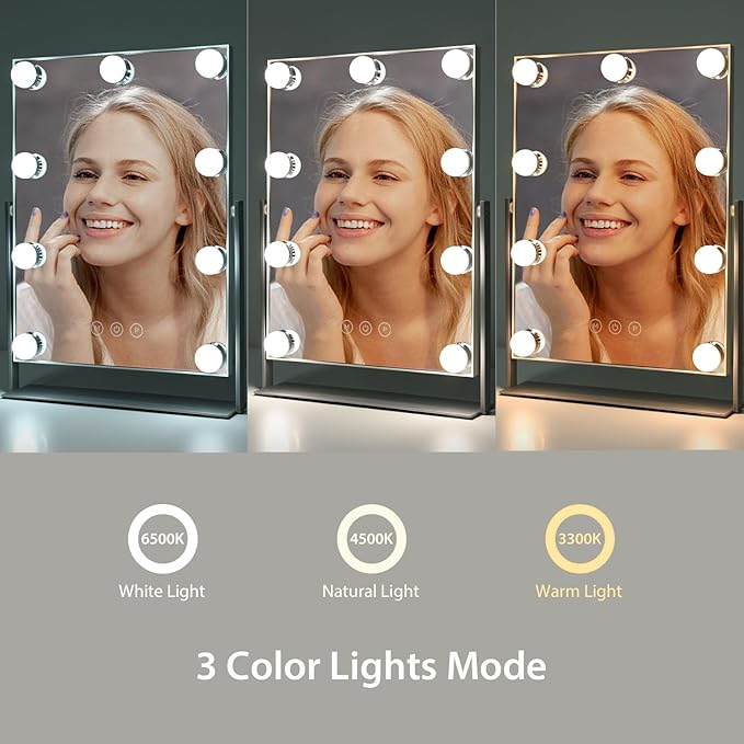 Vanity Mirror with Lights, Lighted Makeup Mirror with 9 Dimmable Bulbs, 3 Color Lighting Modes, Detachable 5X Magnification Mirror and 360 Degree Rotation