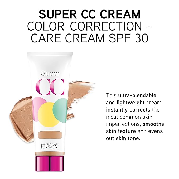 Physicians Formula Super CC+ Cream Color-Correction + Care Cream Full Coverage Light Foundation, Anti Aging Hydrating Serum, For Uneven Skin Tone, Dermatologist Approved