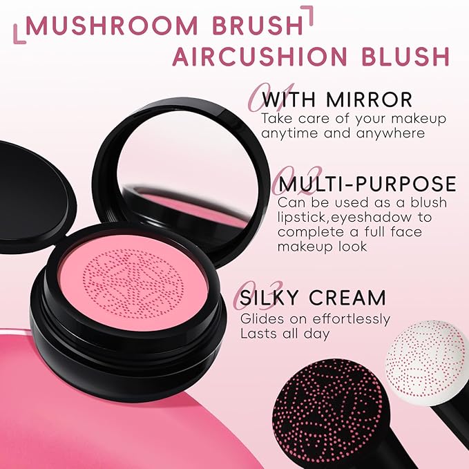 Cushion Blush for Cheeks with Air Mushroom Applicator Head Brush, Liquid Blusher Set Dewy Matte Finish, Moisturizing Cream Blush Tint Kit for Face Makeup Soft Pink