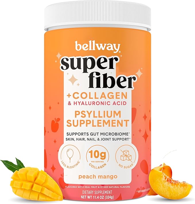 Bellway Super Fiber Powder + Collagen, Sugar-Free Psyllium Husk Powder with Collagen Peptides and Hyaluronic Acid for Digestive Health, Healthy Skin, Nails, Bones & Joints, Peach Mango (20 Servings)