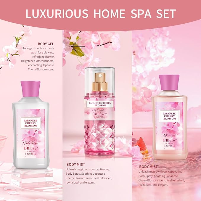 Bath and Body Gift Set for Women & Girls, Japanese Cherry Blossom, 3PCS Set for - Shower Gel, Body Lotion, Body Mist, Body Care Travel Set