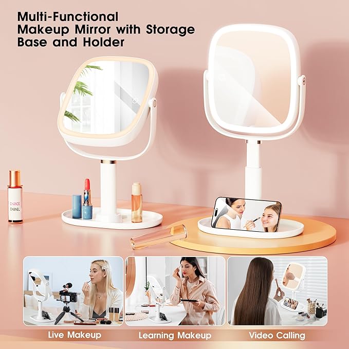 Makeup Vanity Mirror with Lights - 10x/1x Magnifying Mirror with Light, Rechargeable Desk Mirror with 3-Color Lighting & Memory Function, 360° Adjustable Table Mirror, Gift for Women (White)