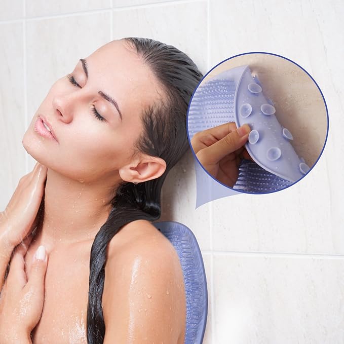 2PACK Shower Foot Scrubber Mat,Wall Mounted Back Scrubber Silicone Bath Massager Cushion Brush with Non-Slip Suction Cups,Foot Scrubber for Use in Shower for Improve Skin Exfoliation(Grey&Blue)