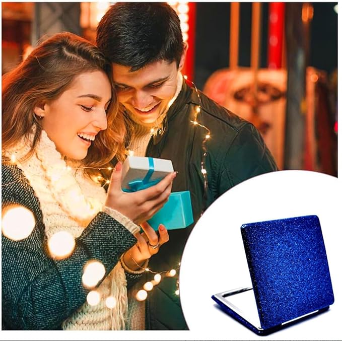 Blue Compact Makeup Mirror for Men and Women, 1x/2x Magnifying Foldable Cosmetic Mirror, Portable Double-Sided Travel Mirror for Beauty, Elegant Vanity Mirror for Pocket Purse Clutch