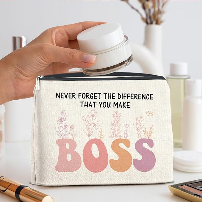 Makeup Bag - Thank You Gifts for Boss Lady, Appreciation Gift for Female Boss - Never Forget the Difference She Makes - Cosmetic Bag with Zipper Makeup Pouch