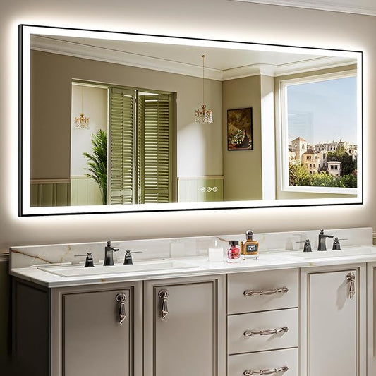 96x36 Inch LED Bathroom Mirror with Lights (Front Lit and Backlit) Black Framed Lighted Vanity Mirror for Bathroom Wall Dimmable Anti-Fog Memory Tempered Glass Horizontal/Vertical