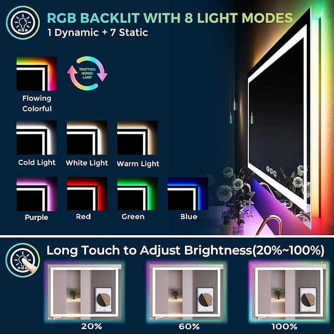 40x30 Inch RGB LED Bathroom Mirror Front Light and RGB Backlit Lighted Vanity Mirror for Bathroom Wall Mounted Dimmable Anti Fog Memory Shatter-Proof IP54 Waterproof Horizontal/Vertical