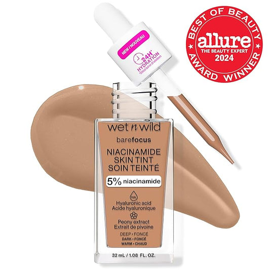 wet n wild Bare Focus Skin Tint, 5% Niacinamide Enriched, Buildable Sheer Lightweight Coverage, Natural Radiant Finish, Hyaluronic & Vitamin Hydration Boost, Cruelty-Free & Vegan - Deep
