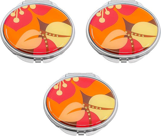 Set of 3 Double Sided Magnifying Compact Slim Mirrors with Printed Insert (Red-Orange Floral, Round)