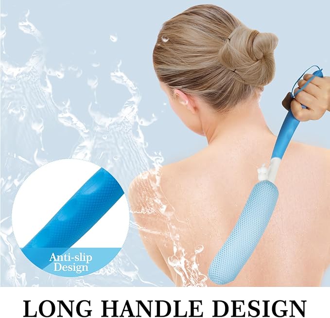 Long-Handle Back Bath Brush, with Anti-Slip Long-Handle Back Scrub net, is Used for Auxiliary Bath and Shower for The Elderly and People with Limited Activities (Green Blue)