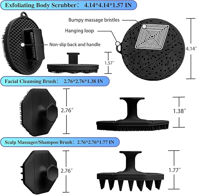 3 Soft Silicone Scrubbers - Body Exfoliating Brush Skin Massage Shower Scrubber Body Buffer, with Super Soft Handheld Facial Cleansing Brush, with Hair Shampoo Brush Scalp Massager (Black)