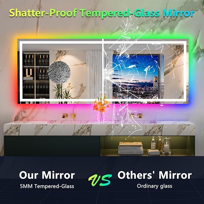 96x36 Inch RGB LED Bathroom Mirror Front Light and RGB Backlit Lighted Vanity Mirror for Bathroom Wall Mounted Dimmable Anti Fog Memory Shatter-Proof IP54 Waterproof Horizontal/Vertical