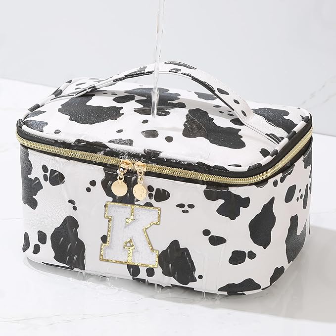 Meiyuuo Birthday Gifts Personalized Makeup Bag Cute Cosmetic Bags Large Travel Pro Pouch Toiletry Bag with Divider and Handle Teens Tweens Gifts Trendy Stuff Cow Print K